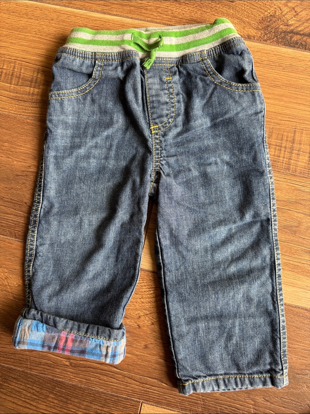 Baby Boden Denim Pull-On Jeans with Green Stripe Waistband